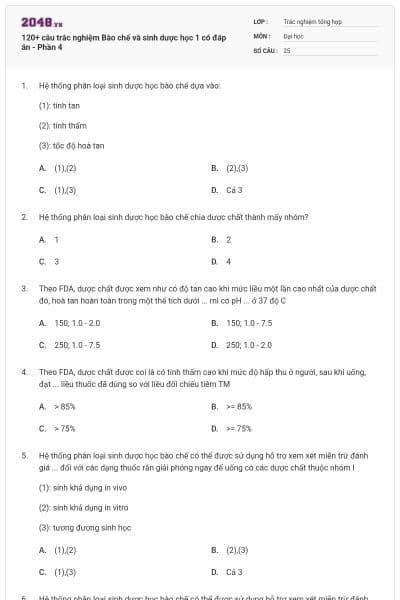 120+ câu trắc nghiệm Bào chế và sinh dược học 1 có đáp án - Phần 4