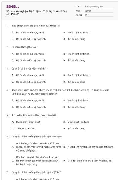 80+ câu trắc nghiệm Độ ổn định – Tuổi thọ thuốc có đáp án - Phần 2