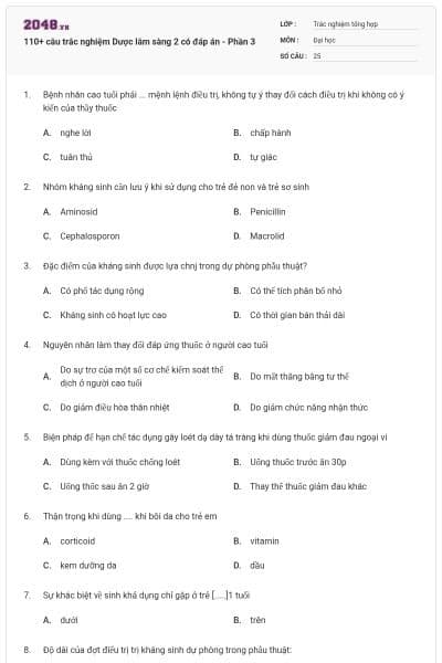 110+ câu trắc nghiệm Dược lâm sàng 2 có đáp án - Phần 3