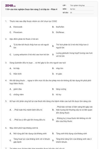 110+ câu trắc nghiệm Dược lâm sàng 2 có đáp án - Phần 4