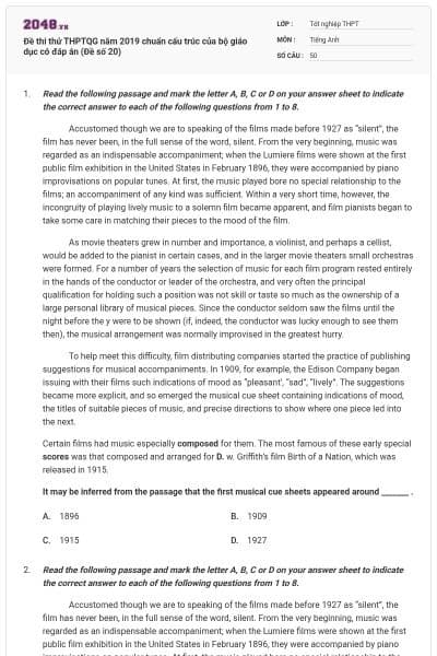 Đề thi thử THPTQG năm 2019 chuẩn cấu trúc của bộ giáo dục có đáp án (Đề số 20)