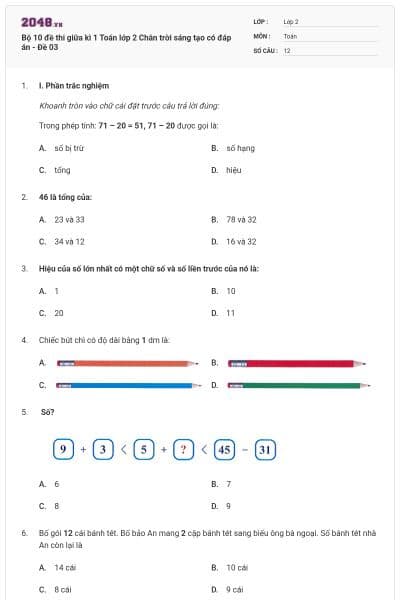 Bộ 10 đề thi giữa kì 1 Toán lớp 2 Chân trời sáng tạo có đáp án - Đề 03