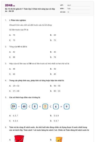 Bộ 10 đề thi giữa kì 1 Toán lớp 2 Chân trời sáng tạo có đáp án - Đề 04