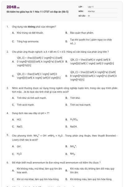 Đề kiểm tra giữa học kì 1 Hóa 11 CTST có đáp án (Đề 5)