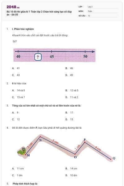 Bộ 10 đề thi giữa kì 1 Toán lớp 2 Chân trời sáng tạo có đáp án - Đề 05