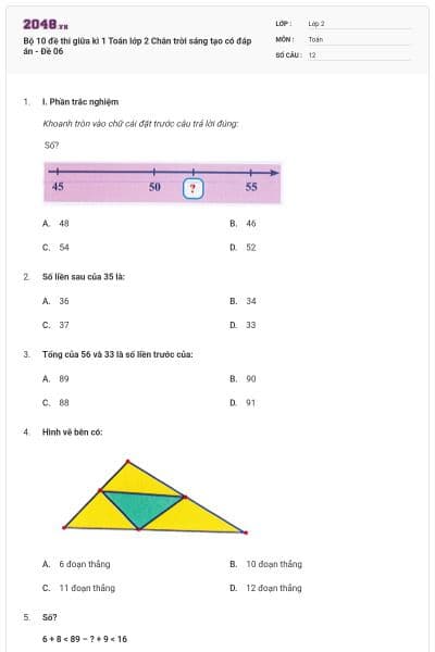 Bộ 10 đề thi giữa kì 1 Toán lớp 2 Chân trời sáng tạo có đáp án - Đề 06