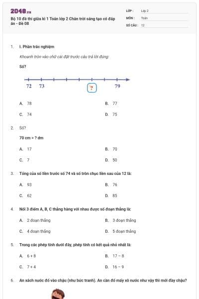 Bộ 10 đề thi giữa kì 1 Toán lớp 2 Chân trời sáng tạo có đáp án - Đề 08