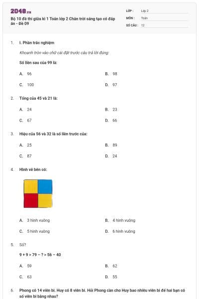 Bộ 10 đề thi giữa kì 1 Toán lớp 2 Chân trời sáng tạo có đáp án - Đề 09