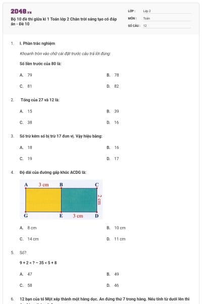 Bộ 10 đề thi giữa kì 1 Toán lớp 2 Chân trời sáng tạo có đáp án - Đề 10