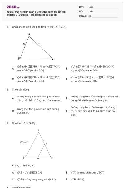 20 câu trắc nghiệm Toán 8 Chân trời sáng tạo Ôn tập chương 7 (Đúng sai - Trả lời ngắn) có đáp án