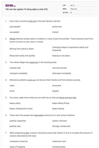 100 câu trắc nghiệm Từ đồng nghĩa cơ bản (P3)