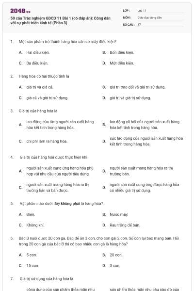 50 câu Trắc nghiệm GDCD 11 Bài 1 (có đáp án): Công dân với sự phát triển kinh tế (Phần 3)
