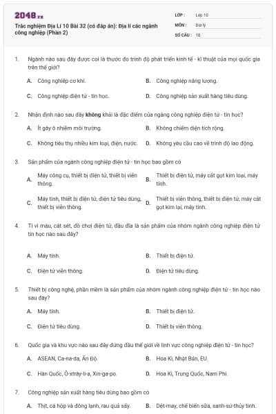 Trắc nghiệm Địa Lí 10 Bài 32 (có đáp án): Địa lí các ngành công nghiệp (Phần 2)