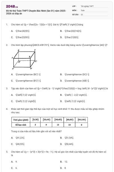 Đề thi thử Toán THPT Chuyên Bắc Ninh (lần 01) năm 2025-2026 có đáp án