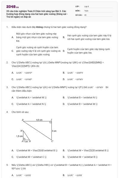 20 câu trắc nghiệm Toán 8 Chân trời sáng tạo Bài 3. Các trường hợp đồng dạng của hai tam giác vuông (Đúng sai - Trả lời ngắn) có đáp án