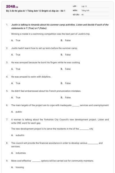 Bộ 3 đề thi giữa kì 1 Tiếng Anh 12 Bright có đáp án - Đề 1