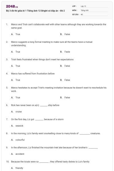 Bộ 3 đề thi giữa kì 1 Tiếng Anh 12 Bright có đáp án - Đề 2