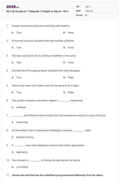 Bộ 3 đề thi giữa kì 1 Tiếng Anh 12 Bright có đáp án - Đề 3