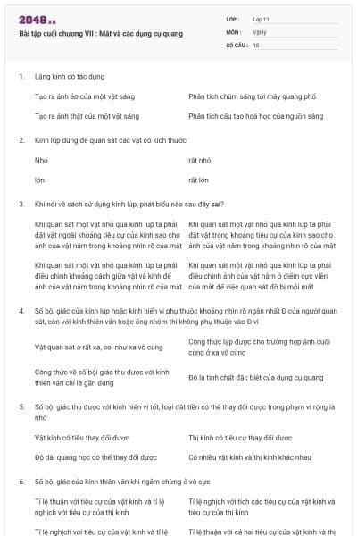 Bài tập cuối chương VII : Mắt và các dụng cụ quang