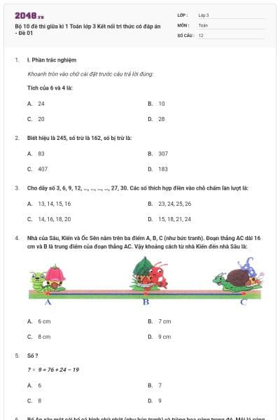 Bộ 10 đề thi giữa kì 1 Toán lớp 3 Kết nối tri thức có đáp án - Đề 01