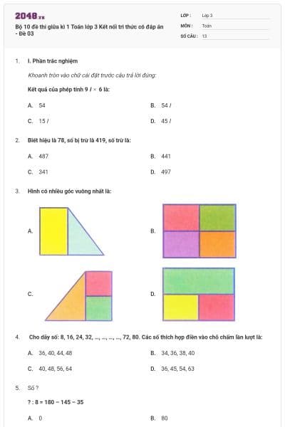 Bộ 10 đề thi giữa kì 1 Toán lớp 3 Kết nối tri thức có đáp án - Đề 03