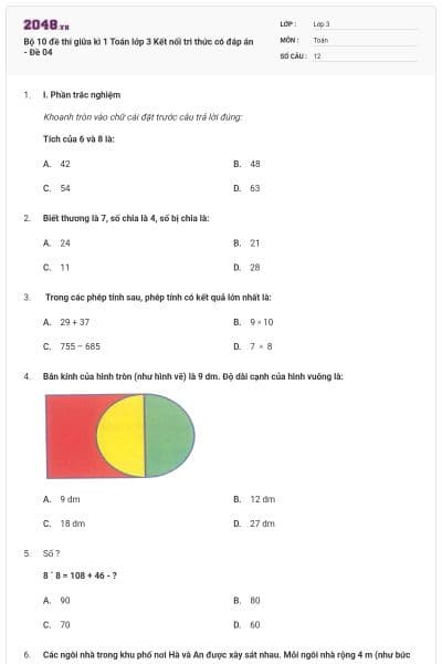 Bộ 10 đề thi giữa kì 1 Toán lớp 3 Kết nối tri thức có đáp án - Đề 04