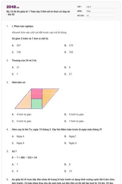 Bộ 10 đề thi giữa kì 1 Toán lớp 3 Kết nối tri thức có đáp án - Đề 05