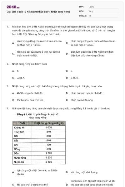 Giải SBT Vật lí 12 Kết nối tri thức Bài 4. Nhiệt dung riêng