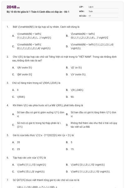 Bộ 10 đề thi giữa kì 1 Toán 6 Cánh diều có đáp án - Đề 1