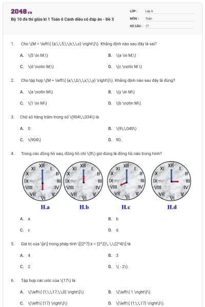 Bộ 10 đề thi giữa kì 1 Toán 6 Cánh diều có đáp án - Đề 3