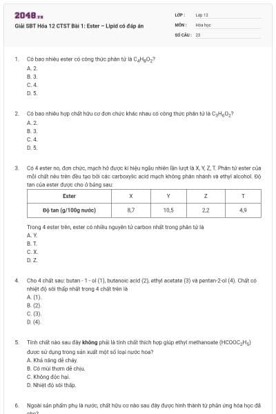 Giải SBT Hóa 12 CTST Bài 1: Ester – Lipid có đáp án