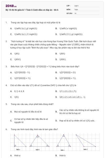 Bộ 10 đề thi giữa kì 1 Toán 6 Cánh diều có đáp án - Đề 6