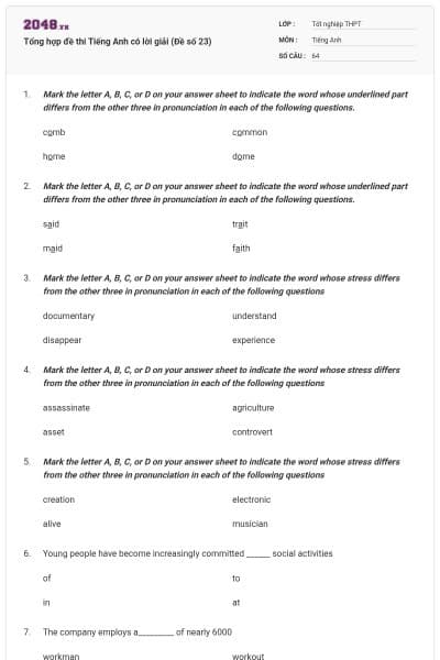 Tổng hợp đề thi Tiếng Anh có lời giải (Đề số 23)