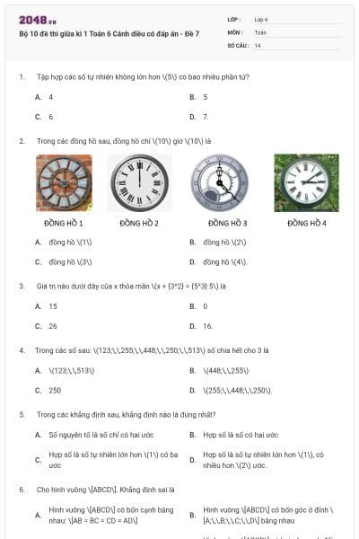 Bộ 10 đề thi giữa kì 1 Toán 6 Cánh diều có đáp án - Đề 7