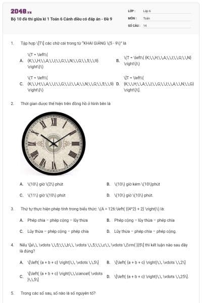 Bộ 10 đề thi giữa kì 1 Toán 6 Cánh diều có đáp án - Đề 9