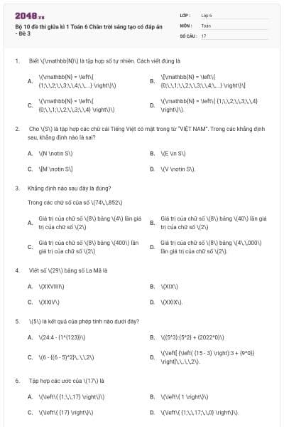 Bộ 10 đề thi giữa kì 1 Toán 6 Chân trời sáng tạo có đáp án - Đề 3