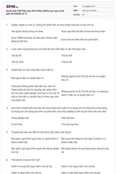 Đề thi thử THPTQG năm 2019 Môn GDCD cực hay có lời giải chi tiết(đề số 7)