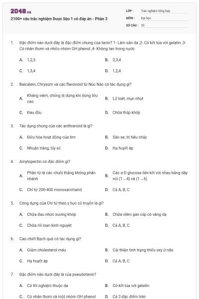 2100+ câu trắc nghiệm Dược liệu 1 có đáp án - Phần 3