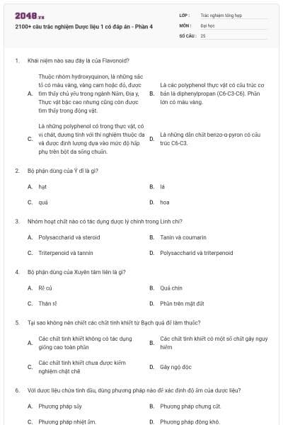 2100+ câu trắc nghiệm Dược liệu 1 có đáp án - Phần 4