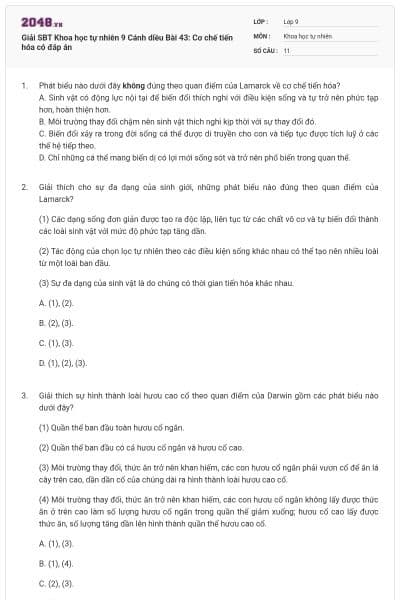 Giải SBT Khoa học tự nhiên 9 Cánh diều Bài 43: Cơ chế tiến hóa có đáp án