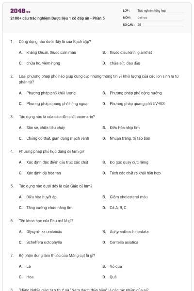 2100+ câu trắc nghiệm Dược liệu 1 có đáp án - Phần 5