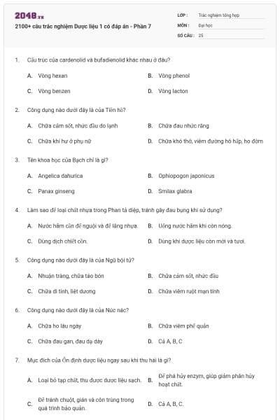 2100+ câu trắc nghiệm Dược liệu 1 có đáp án - Phần 7