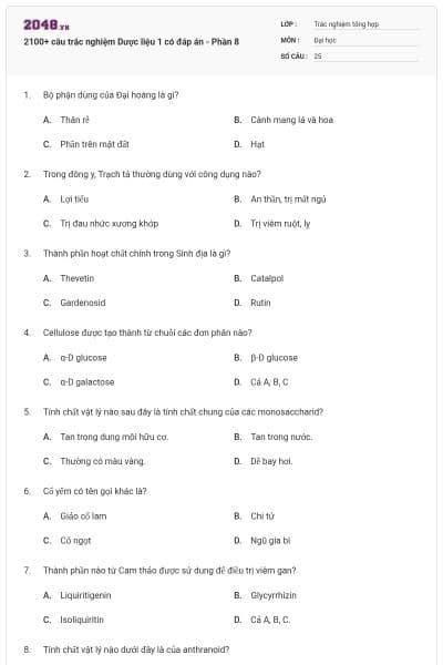 2100+ câu trắc nghiệm Dược liệu 1 có đáp án - Phần 8