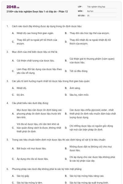 2100+ câu trắc nghiệm Dược liệu 1 có đáp án - Phần 12