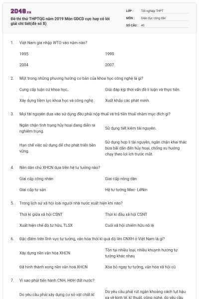 Đề thi thử THPTQG năm 2019 Môn GDCD cực hay có lời giải chi tiết(đề số 8)