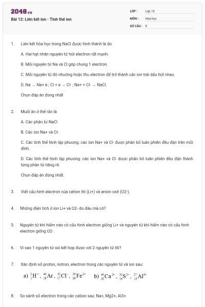Bài 12: Liên kết ion - Tinh thể ion