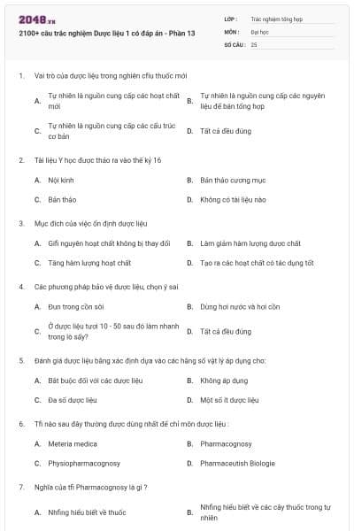 2100+ câu trắc nghiệm Dược liệu 1 có đáp án - Phần 13