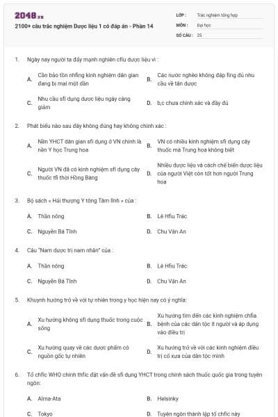 2100+ câu trắc nghiệm Dược liệu 1 có đáp án - Phần 14