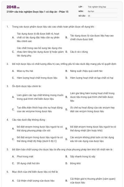 2100+ câu trắc nghiệm Dược liệu 1 có đáp án - Phần 15