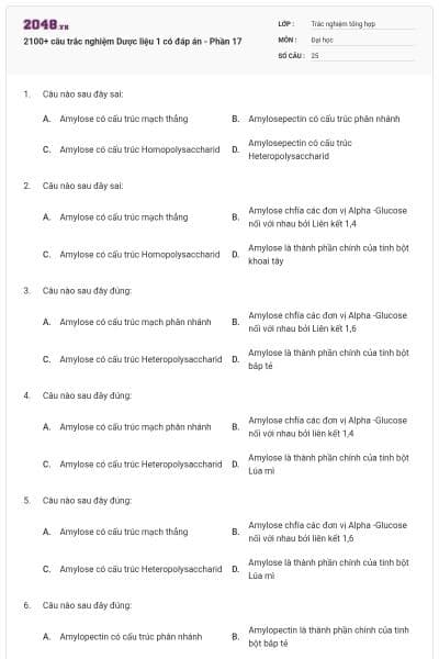 2100+ câu trắc nghiệm Dược liệu 1 có đáp án - Phần 17